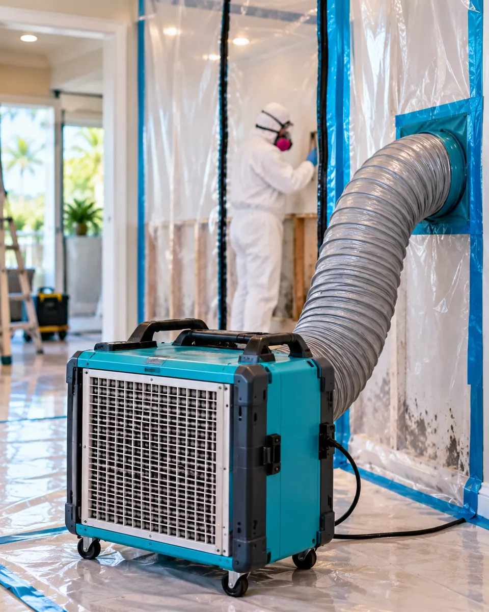 HEPA air scrubber and poly containment set up for mold remediation in Westlake