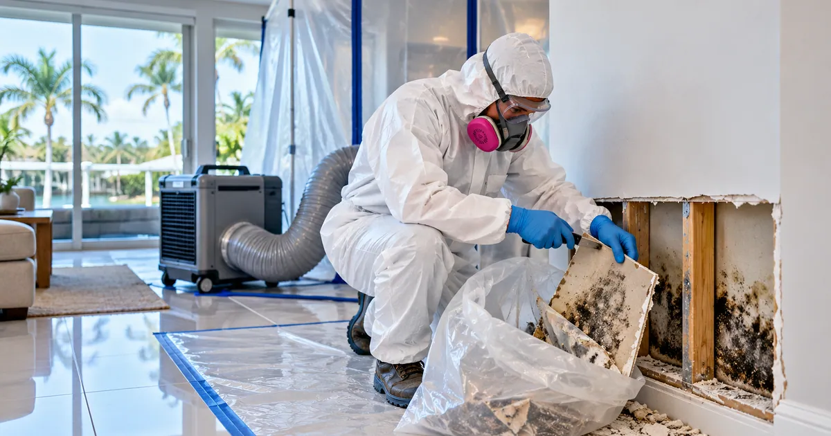 Hidden-Leak Mold Removal in Westlake, FL — technician removing mold under containment